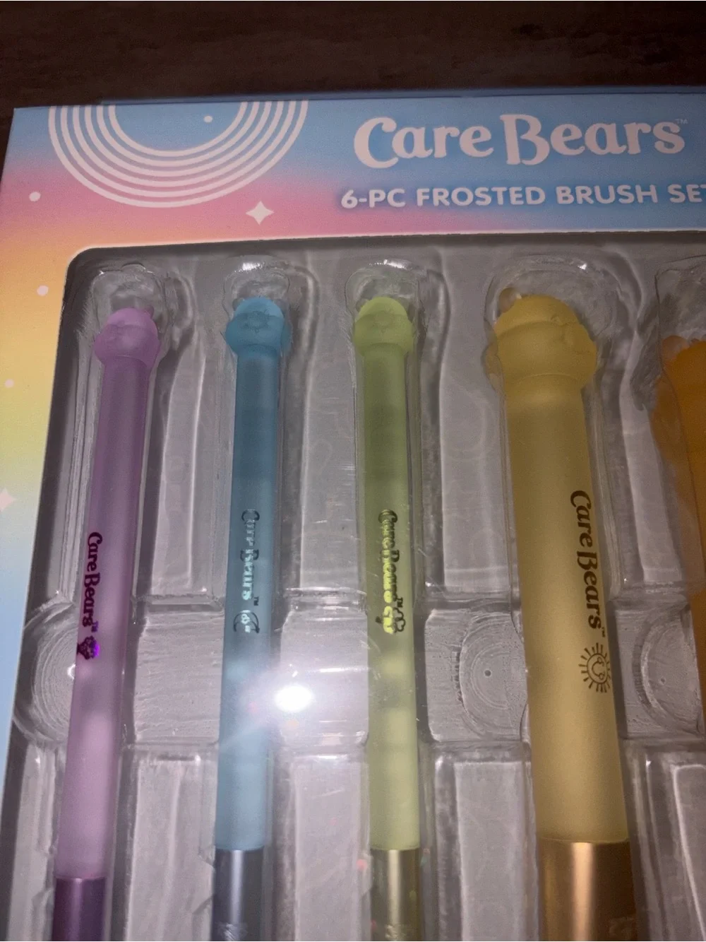 Care Bears Pastel Rainbow 6 Pc Makeup Brush Set Bear Handle Brushes NIB